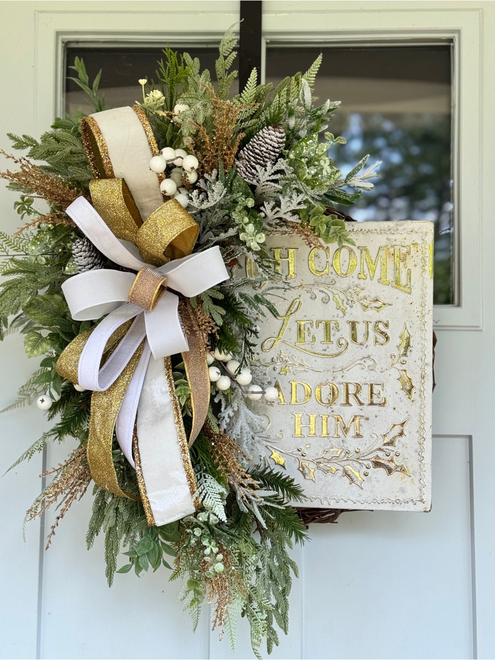 White & Gold Winter/Christmas “Adore Him” Wreath